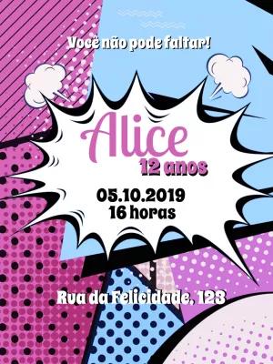 Convite de Aniversário Pop Art Comics para Editar Online