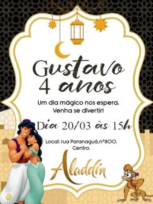 Convite de Aniversário Aladdin com Personagens para Editar
