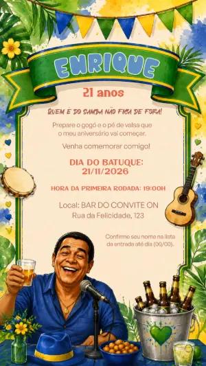 Convite de Aniversário Boteco e Samba: Modelo Digital Editável