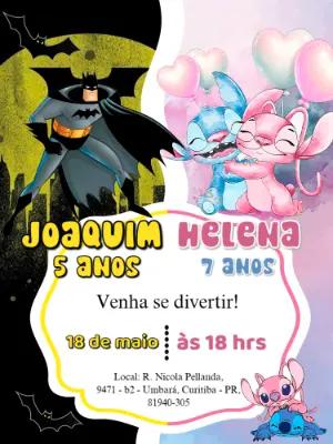 Convite Aniversário Duplo Batman e Stitch para Editar Online