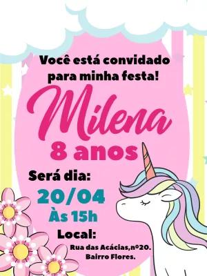 Convite Aniversário Unicórnio Fofo para Editar Online