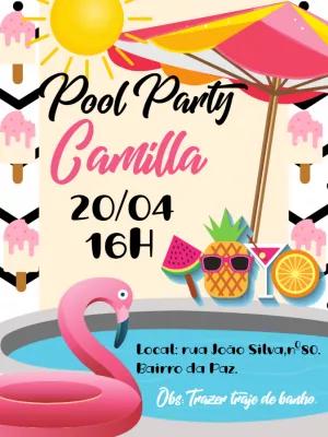 Convite Aniversário Pool Party com Flamingo para Editar Online