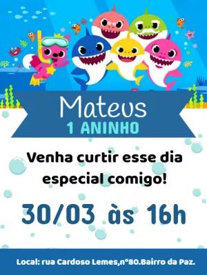 Convite Aniversário Baby Shark com Personagens para Editar Online