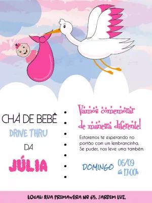 Convite Chá de Bebê Cegonha Rosa Drive Thru para Editar Online