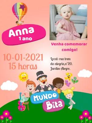 Convite Aniversário Mundo Bita com Foto para Editar Online