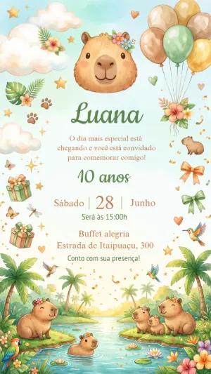 Convite de Aniversário Capivara Aquarela Modelo Editável