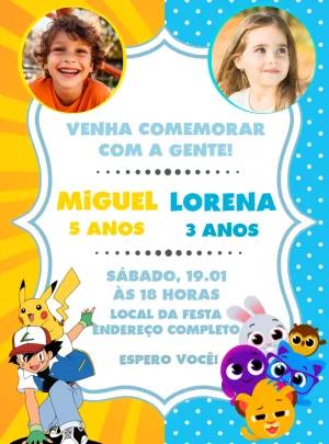 Convite Aniversário Duplo Pokémon e Bolofofos com Foto para Editar