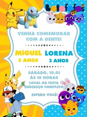 Convite Aniversário Duplo Pokemon e Bolofofos para Editar Online