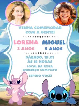 Convite Aniversário Duplo Stitch e Angel com Foto para Editar