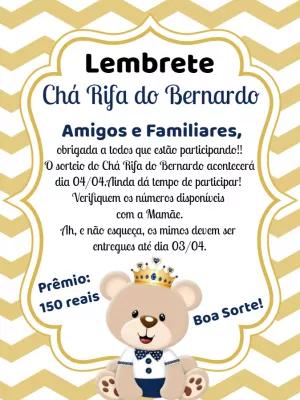 Lembrete Chá Rifa Ursinho Príncipe Dourado para Editar