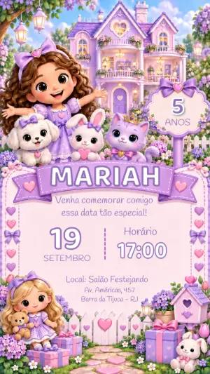Convite de Aniversário Princesinha Lilás para Editar Online