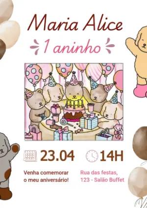 Convite de Aniversário Ursinhos Fofos para Editar Online