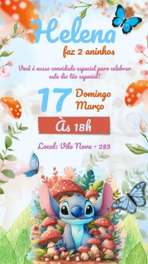 Convite de Aniversário Stitch Floresta Encantada Editável