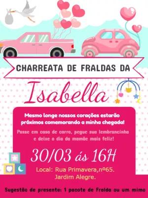 Convite Charreata de Fraldas Carrinhos Rosa para Editar Online