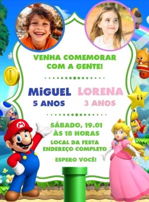 Convite Duplo Super Mario e Princesa Peach para Editar Online
