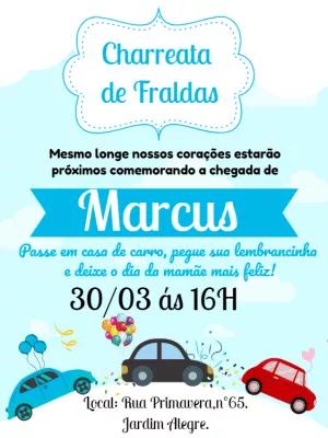 Convite Charreata de Fraldas Carrinhos Azul para Editar Online