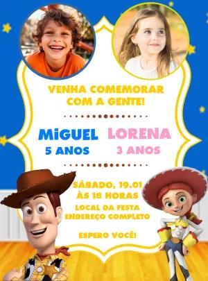 Convite Aniversário Duplo Toy Story com Foto para Editar Online