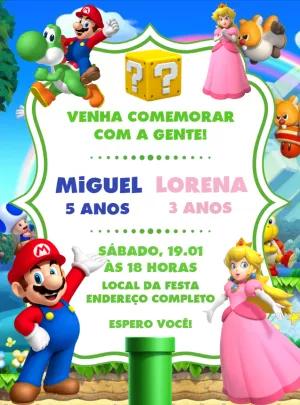 Convite Aniversário Duplo Super Mario e Peach para Editar