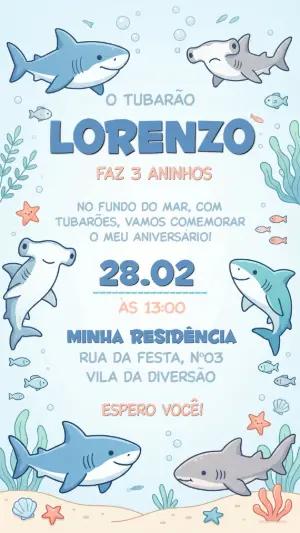Convite Digital de Aniversário Infantil Tubarão para Editar