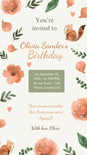 Editable Squirrel & Floral Birthday Invitation Template
