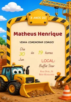 Convite de Aniversário Infantil Trator em Construção Editável