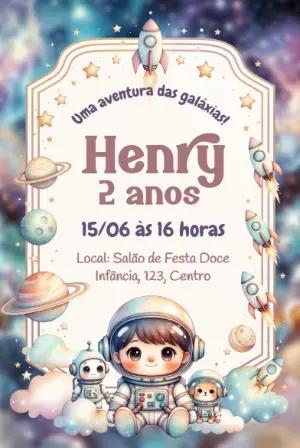 Convite de Aniversário Astronauta Fofo Modelo Digital Editável