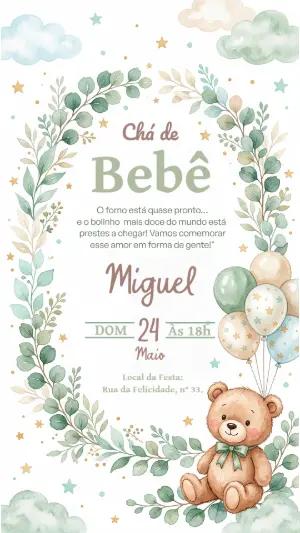 Convite Chá de Bebê Ursinho Aquarela Editável