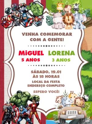 Convite Aniversário Duplo Vingadores e Safari para Editar Online