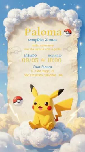 Convite de Aniversário Pikachu nas Nuvens para Editar