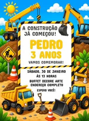Convite de Aniversário Construção Infantil para Editar