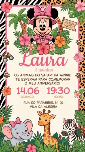 Convite Minnie Safari Rosa para Aniversário Infantil Editável