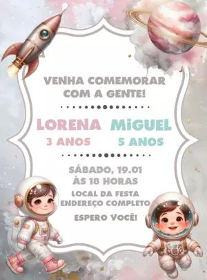 Convite Aniversário Duplo Astronautas para Editar Online