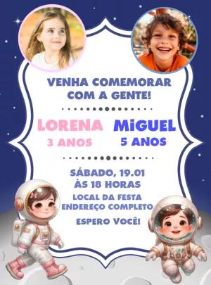 Convite Aniversário Duplo Astronautas com Foto para Editar