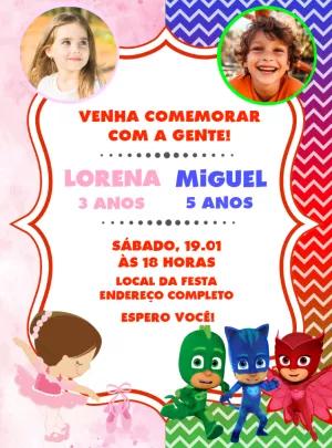 Convite Aniversário Duplo Bailarina e PJ Masks com Foto para Editar