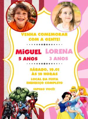 Convite Duplo Vingadores e Princesas com Foto para Editar