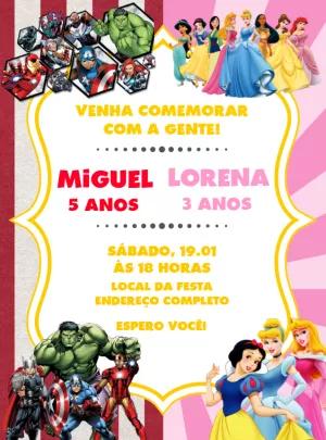 Convite Aniversário Duplo Vingadores e Princesas para Editar