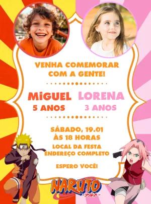 Convite Aniversário Duplo Naruto e Sakura com Foto para Editar