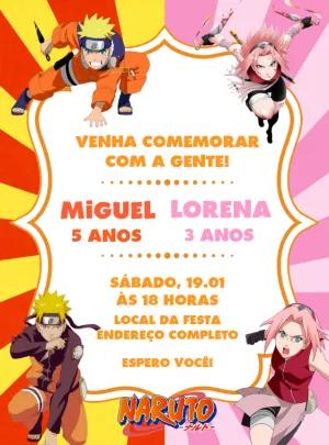 Convite Aniversário Duplo Naruto e Sakura para Editar Online