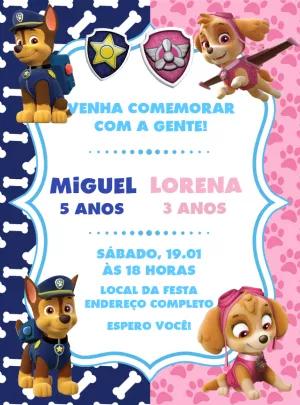 Convite Aniversário Duplo Patrulha Canina Chase e Skye para Editar