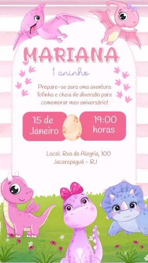 Convite Editável Aniversário Dinossauro Menina Rosa