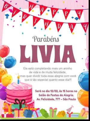 Convite de Aniversário Infantil Rosa com Bolo para Editar Online