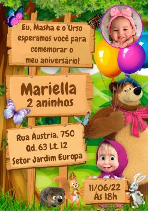 Convite de Aniversário Masha e o Urso com Foto Editável