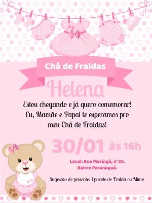 Convite Chá de Fraldas Ursinha Rosa para Editar Online