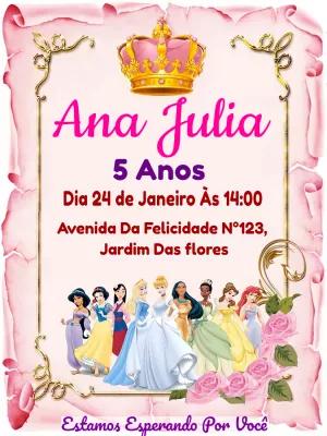 Convite de Aniversário Princesas para Editar Online