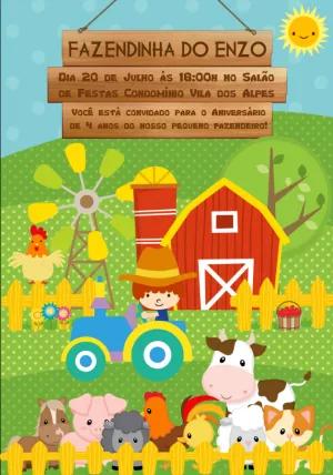 Convite Aniversário Fazendinha com Animais para Editar Online