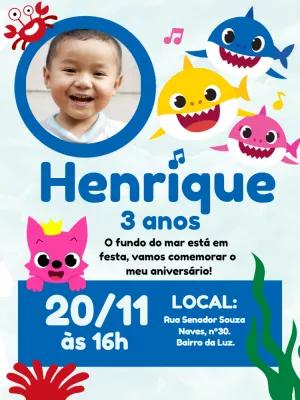 Convite Aniversário Baby Shark com Foto para Editar Online