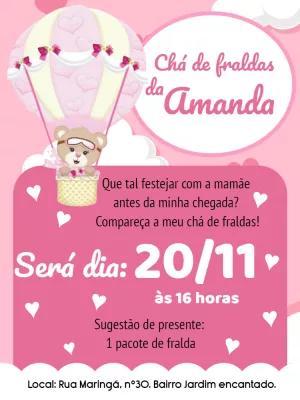 Convite Chá de Fraldas Ursinha Baloeira para Editar Online