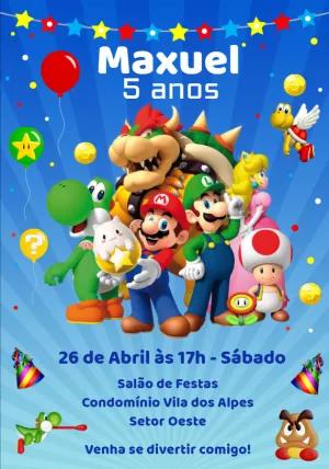 Convite de Aniversário Super Mario com Personagens para Editar