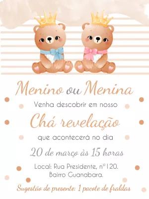 Convite Chá Revelação Ursinhos Coroados para Editar Online