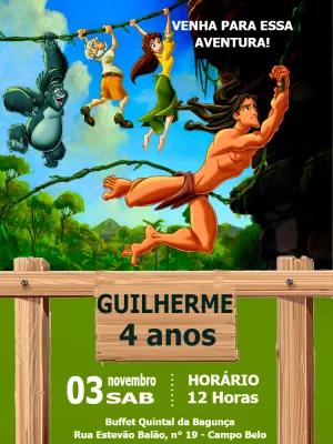 Convite de Aniversário Tarzan com Personagens para Editar